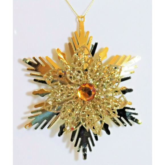 Gold Poinsettia Christmas Tree Ornament Snowflake 5" Metal Rhinestone New - Picture 1 of 5